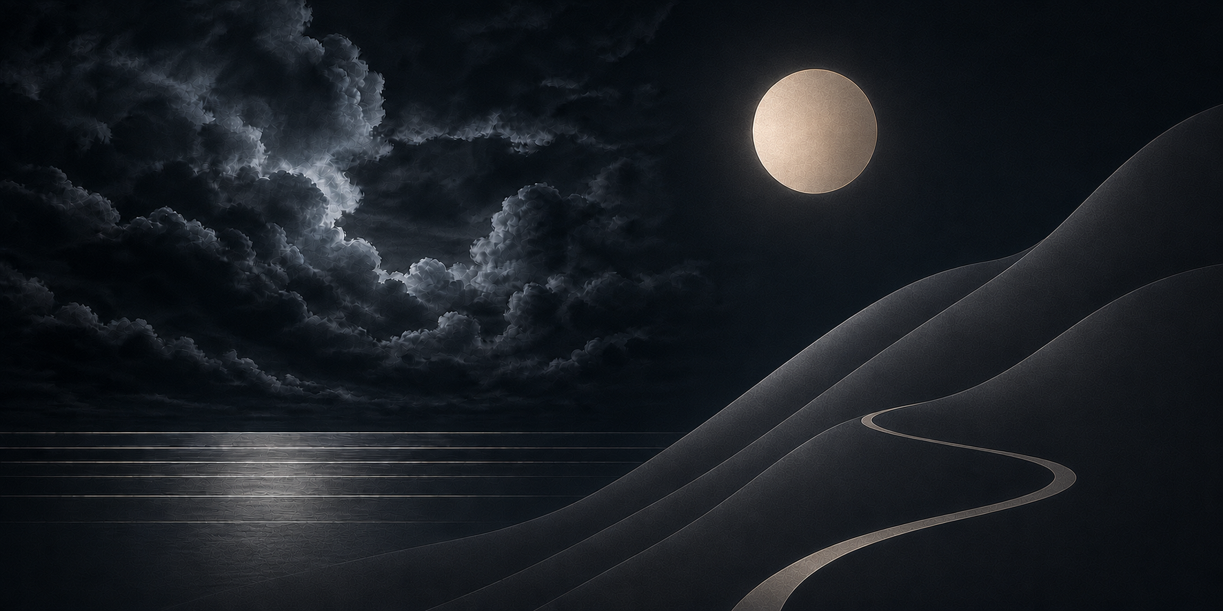 An abstract moonlit landscape with dramatic storm clouds, layered mountains, and a winding path
